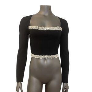 Cider Black Top Women’s M Cropped Cream Lace Detail Long Sleeve